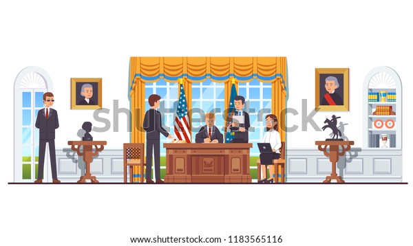 United States president sitting at his desk
signing law act document in White House oval office with secretary,
minister, officials, bodyguard. US president office interior. Flat
vector illustration