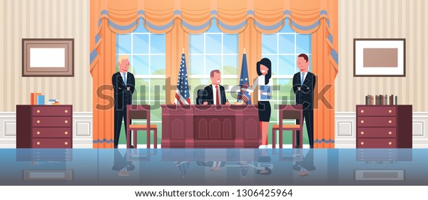 United States
president sitting workplace signing law act document with female
secretary and male bodyguards USA national flag oval office white
house cabinet interior
horizontal