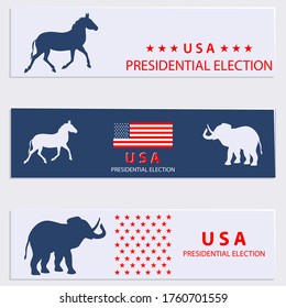 United States Presidential Election. Elephant, Donkey, American flag. Set of election headline with banner. Vector.