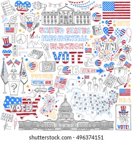 United States presidential election. Political campaign and voting attributes, patriotic symbols, american flags and maps collection. Vector objects isolated on white background.
