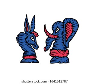 United States Presidential Primary. Donkey Democrats And Republican Elephant. Vector Illustration