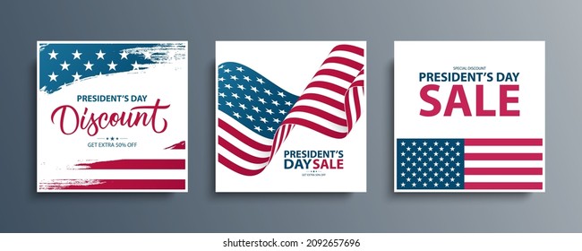 United States President's Day Sale special offer promotional backgrounds set for business, advertising and holiday shopping. Presidents day sales events cards. Vector illustration.