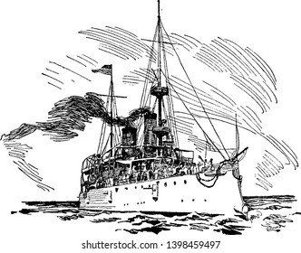 United States Protected Cruiser USS Olympia was protected cruiser in the United States Navy during the Spanish American War  vintage line drawing engraving illustration 