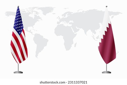 Die Flaggen der Vereinigten Staaten und Katars für offizielle Treffen vor dem Hintergrund der Weltkarte.