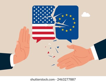 Estados Unidos se niega a cooperar con la Unión Europea. Desglose por comunicaciones Estados Unidos de América y Unión Europea.  Ilustración vectorial plana