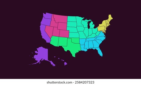 United States Regional Map with Color Coded States - USA Geography Illustration. Vector Editable Stroke and colors.