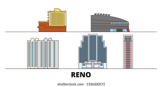 United States, Reno flat landmarks vector illustration. United States, Reno line city with famous travel sights, skyline, design. 