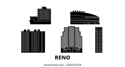 United States, Reno flat travel skyline set. United States, Reno black city vector illustration, symbol, travel sights, landmarks.