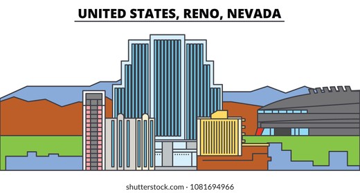 United States, Reno, Nevada. City skyline, architecture, buildings, streets, silhouette, landscape, panorama, landmarks. Editable strokes. Flat design line vector illustration concept. Isolated icons