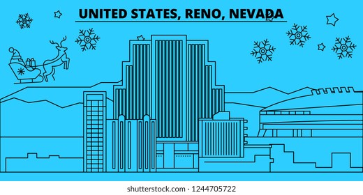 United States, Reno, Nevada winter holidays skyline. Merry Christmas, Happy New Year decorated banner with Santa Claus.United States, Reno, Nevada linear christmas city vector flat illustration