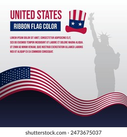 United States ribbon flag color with Liberty statue silhouette and decoration