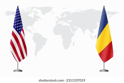 United States and Romania flags for official meeting against background of world map.