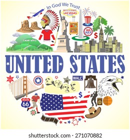 United States round background. Vector colored flat icons and symbols set