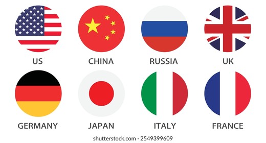 Estados Unidos, Rússia, China, Reino Unido, Alemanha, Japão, Itália e França ícone do logotipo da bandeira do círculo ilustração vetorial digital