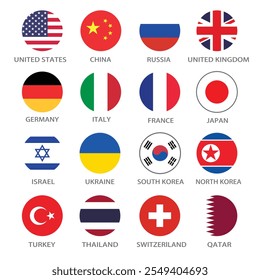 United States, Russia, China, United Kingdom, Germany, Japan, Italy, France, etc circle flag logo icon digital vector illustration