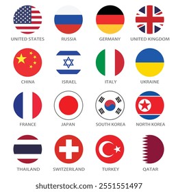 United States, Russia, China, United Kingdom, Germany, Japan, Switzerland, Qatar, etc circle flag logo icon digital vector illustration