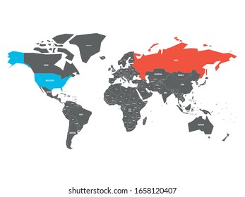 United States and Russia highlighted on political map of World. Vector illustration.