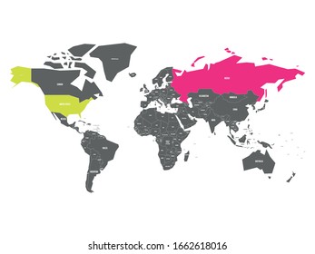 United States and Russia highlighted on political map of World. Vector illustration.