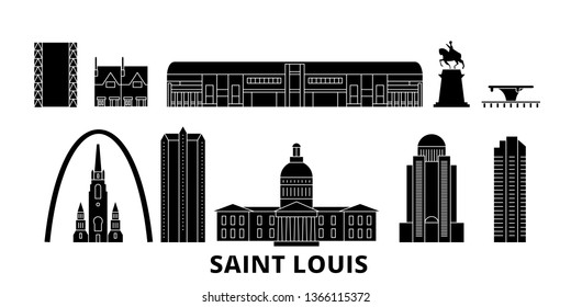 Estados Unidos, Saint Louis de viaje plano en línea de horizonte. Estados Unidos, San Luis ilustración vectorial de la ciudad negra, símbolo, monumentos de viaje, lugares emblemáticos.