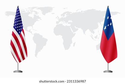 United States and Samoa flags for official meeting against background of world map.