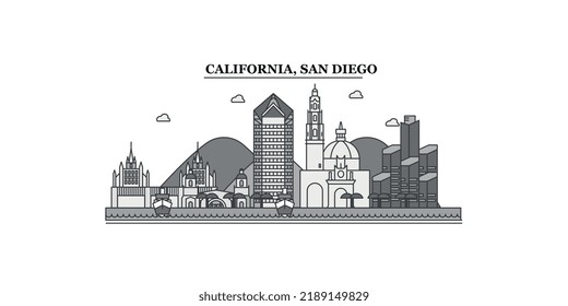 Estados Unidos, perfil urbano de San Diego, ilustración vectorial aislada, íconos