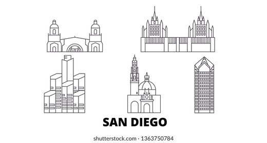 United States, San Diego line travel skyline set. United States, San Diego outline city vector illustration, symbol, travel sights, landmarks.