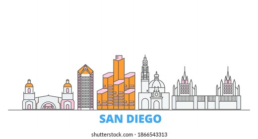 United States, San Diego line cityscape, flat vector. Travel city landmark, oultine illustration, line world icons