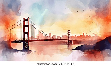 united states, san francisco watercolor painting, watercolor painting, bridge