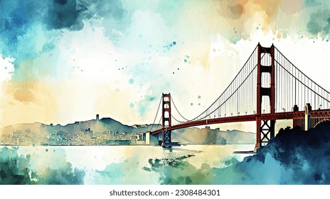 united states, san francisco watercolor painting, watercolor painting, bridge