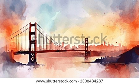 united states, san francisco watercolor painting, watercolor painting, bridge