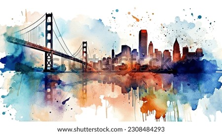 united states, san francisco watercolor painting, watercolor painting, bridge