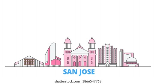 Estados Unidos, paisaje urbano de línea San José, vector plano. Punto de referencia de la ciudad de viajes, ilustración de oultine, íconos del mundo de la línea