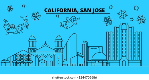 United States, San Jose winter holidays skyline. Merry Christmas, Happy New Year decorated banner with Santa Claus.United States, San Jose linear christmas city vector flat illustration