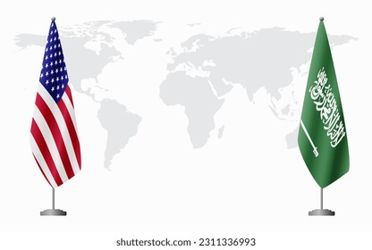 United States and Saudi Arabia flags for official meeting against background of world map.