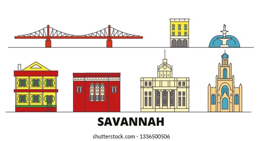 United States, Savannah flat landmarks vector illustration. United States, Savannah line city with famous travel sights, skyline, design. 