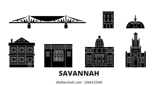 United States, Savannah flat travel skyline set. United States, Savannah black city vector illustration, symbol, travel sights, landmarks.