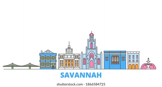 Estados Unidos, paisaje urbano de línea Savannah, vector plano. Punto de referencia de la ciudad de viajes, ilustración de oultine, íconos del mundo de la línea