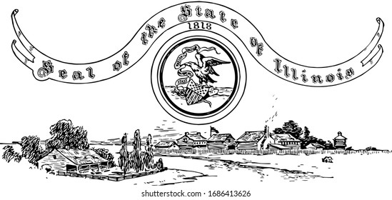 The United States seal of Illinois with Chicago during 1830 in the background, banner is in eagle's beak reads State Sovereignty, National Union, sea in background and a ship, vintage line drawing