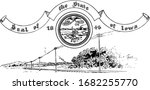 The United states seal of Iowa in 1846, a soldier standing in a wheat field surrounded with farming, mining and transportation, with the river in background, and below train track and overhead wires,