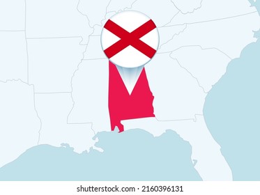 United States with selected Alabama map and Alabama flag icon. Vector map and flag.