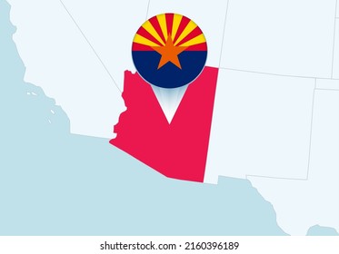 United States with selected Arizona map and Arizona flag icon. Vector map and flag.
