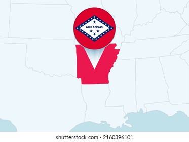 United States with selected Arkansas map and Arkansas flag icon. Vector map and flag.