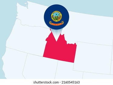 United States with selected Idaho map and Idaho flag icon. Vector map and flag.