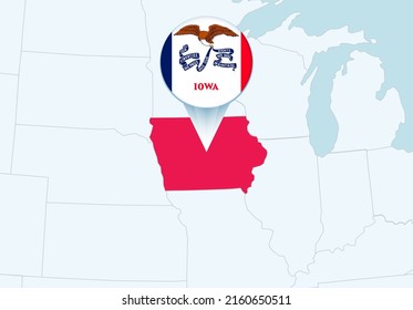 United States with selected Iowa map and Iowa flag icon. Vector map and flag.