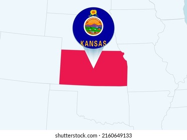 United States with selected Kansas map and Kansas flag icon. Vector map and flag.
