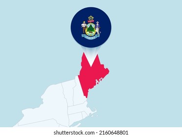 United States with selected Maine map and Maine flag icon. Vector map and flag.