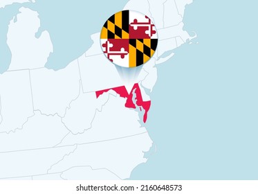 United States With Selected Maryland Map And Maryland Flag Icon. Vector Map And Flag.