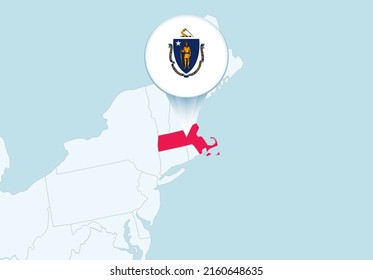 United States with selected Massachusetts map and Massachusetts flag icon. Vector map and flag.