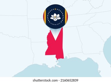 United States with selected Mississippi map and Mississippi flag icon. Vector map and flag.