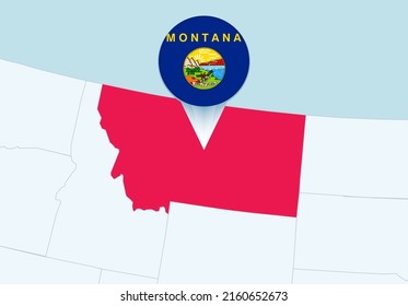 Estados Unidos con el mapa seleccionado de Montana y el icono de la bandera de Montana. Mapa de vectores y bandera.